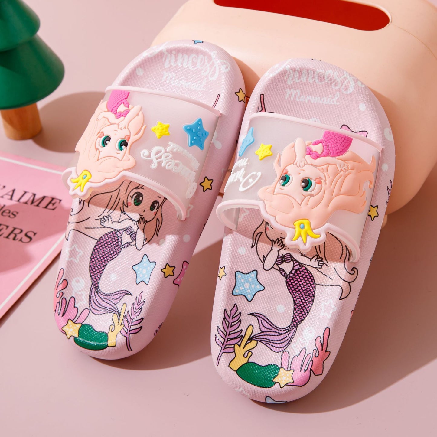 VLOVELAW Summer  New Cartoon Mermaid Girls' Slipper Cute Girl Kids Flip Flops Indoor Outdoor Non-Slip