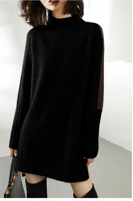 Autumn and winter new semi-turtleneck sweater women's medium and long wool sweater large size knitted dress loose thickened bottoming shirt