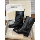 Howus Boots Women's Western Cowboy Boot South Korea Genuine Leather Middle Tube Boots Retro Low Heel Straight Knight Boots Single Boots