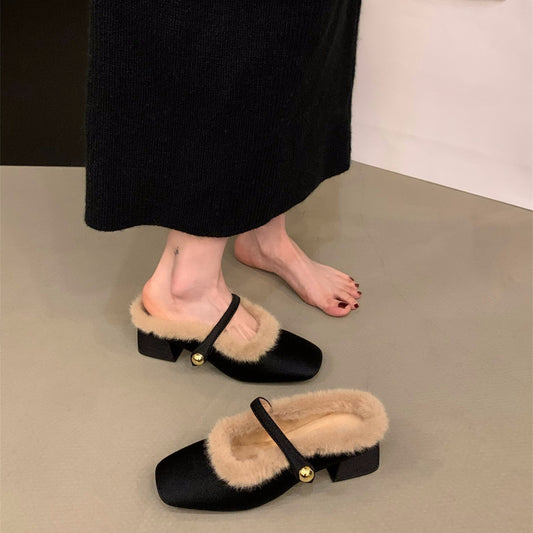 Thick heel  small fragrant wind fluffy slippers women's shoes popular new autumn and winter bag head half slippers velvet cotton shoes