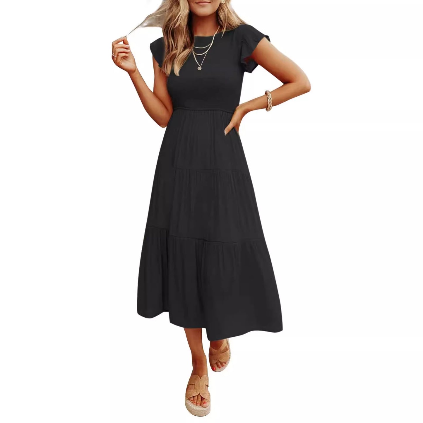 VLOVELAW European and American Foreign Trade Cross-Border Women's Clothing  Popular Pinfei Flounced Sleeve Pleating Layered Short Sleeve Large Swing Dress