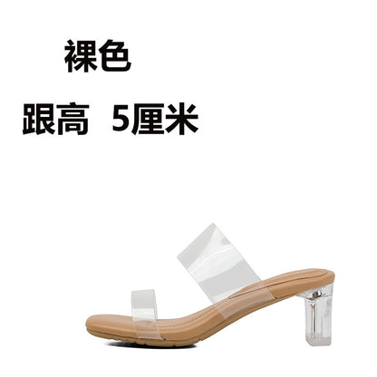 Sheepskin Droppings Transparent High Heel Women's Sandals  New Summer Outdoor Slippers Mid Heel Chunky Heel Crystal Heel Shoes