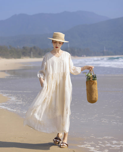 VLOVELAW Spring and Summer Loose Ramie High-End Machine Embroidery  Style V-neck Travel Elegant Fairy White Dress