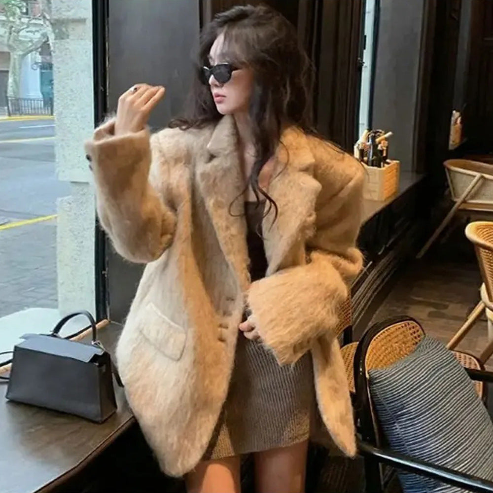 KKBOXLY Celebrity style loose lapel plush jacket New autumn and winter cross-border 2025 INS popular long-sleeved coat jacket women