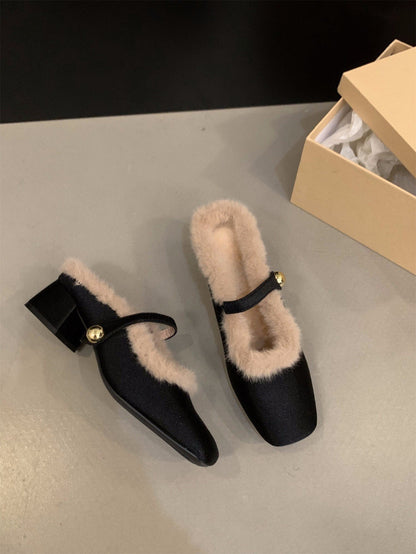 Thick heel  small fragrant wind fluffy slippers women's shoes popular new autumn and winter bag head half slippers velvet cotton shoes