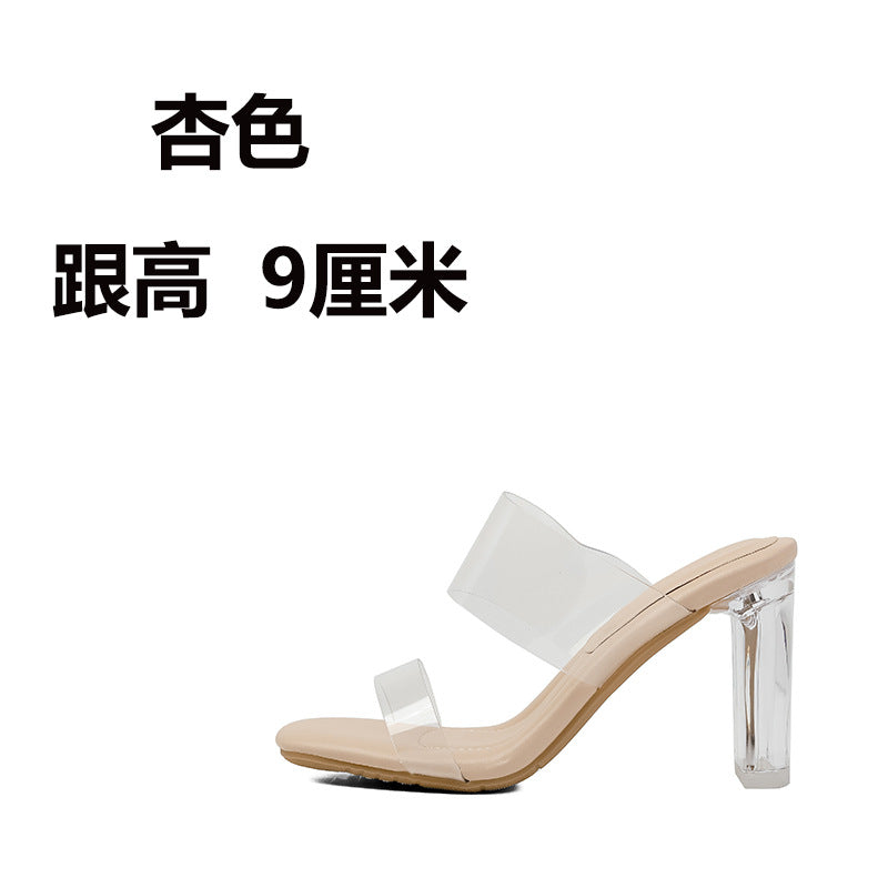 Sheepskin Droppings Transparent High Heel Women's Sandals  New Summer Outdoor Slippers Mid Heel Chunky Heel Crystal Heel Shoes