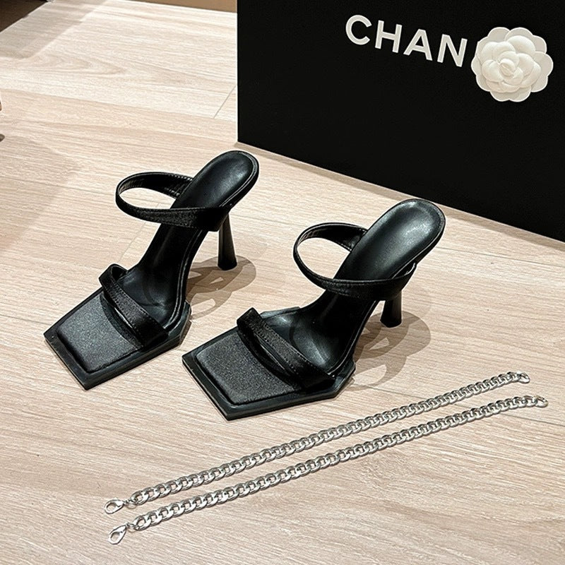 High Heels  Spring and Summer New Sandals Women's Open Toe Stilettos Chain Strap Sexy Black Outdoor Slippers