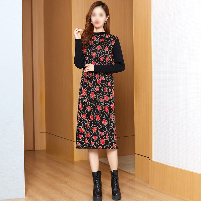 VLOVELAW Long-sleeved knitted dress for women's autumn and winter new middle-aged mother, 2025 style loose straight tube with coat sweater skirt