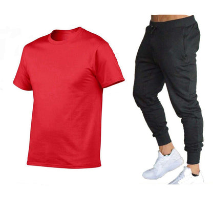 VLOVELAW  Summer Men's Solid Color Simple Set Crew Neck Cotton T-Shirt + Trousers Fashion Hundred. Match Two-piece Set