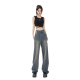 Hey Jeans Vintage Starry Sky Pattern Jeans Women's Spring and Autumn High Waist Loose and Slimming Wheat Wide-Leg Pants