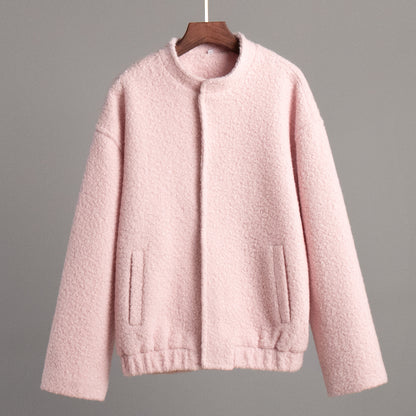 KKBOXLY Cross-border pink jacket 2025 New winter new temperament casual stand-up collar shoulder sleeves short fluffy jacket