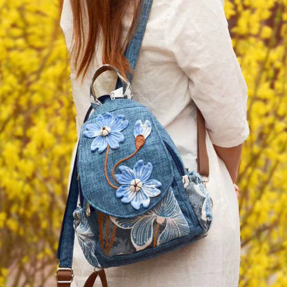 Backpack Women's Cotton Linen Canvas Small Backpack Ethnic Style Handicraft Tie-Dyed Blue Art Backpack Travel Leisure Bag