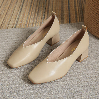 Wanwan Lei Style Lady Pumps Women's Shoes  New Popular Retro Commuter Soft Leather Square Toe Mid-High Heel Grandma Shoes