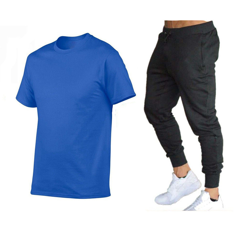 VLOVELAW  Summer Men's Solid Color Simple Set Crew Neck Cotton T-Shirt + Trousers Fashion Hundred. Match Two-piece Set