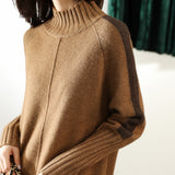 Autumn and winter new semi-turtleneck sweater women's medium and long wool sweater large size knitted dress loose thickened bottoming shirt