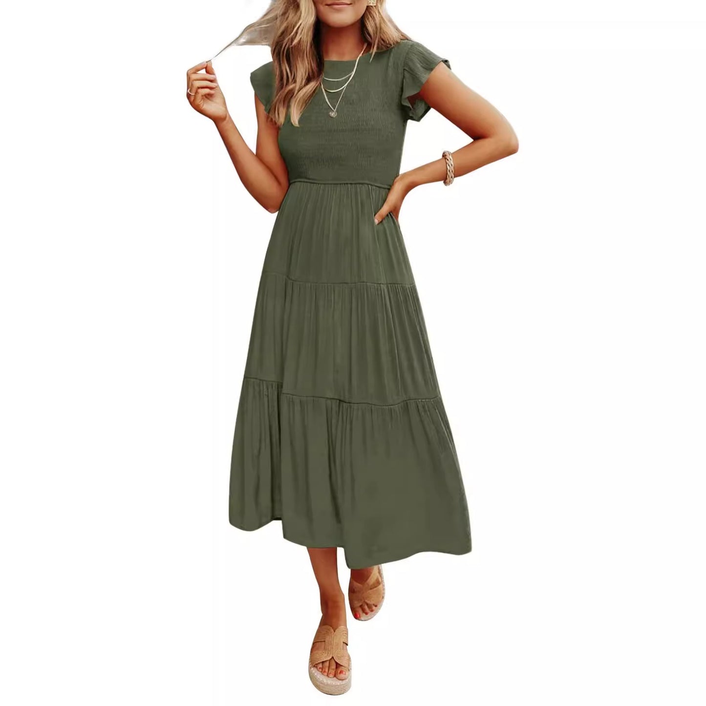 VLOVELAW European and American Foreign Trade Cross-Border Women's Clothing  Popular Pinfei Flounced Sleeve Pleating Layered Short Sleeve Large Swing Dress