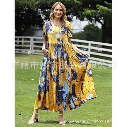 XIEYINSHE 813  Short Sleeve Cross-Border Foreign Trade Women's Casual Loose Bohemian Long Summer Beach Dress