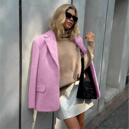 KKBOXLY Celebrity style loose lapel plush jacket New autumn and winter cross-border 2025 INS popular long-sleeved coat jacket women