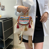 Ethnic Style Cross-Border Backpack for Women  New Wholesale Weave Vintage Bag Fashion Color Contrast Casual Travel Bag