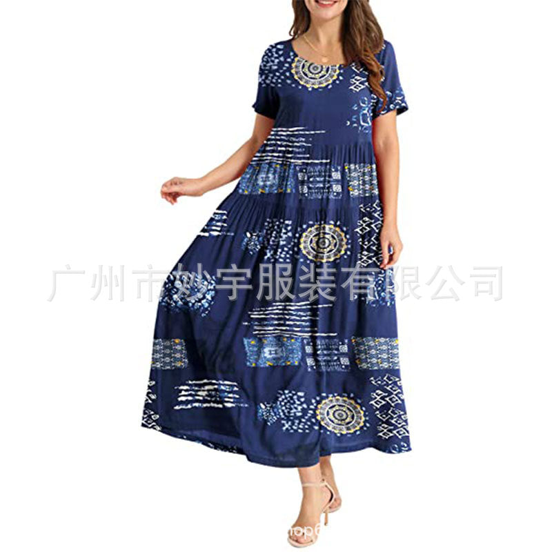 XIEYINSHE 813  Short Sleeve Cross-Border Foreign Trade Women's Casual Loose Bohemian Long Summer Beach Dress