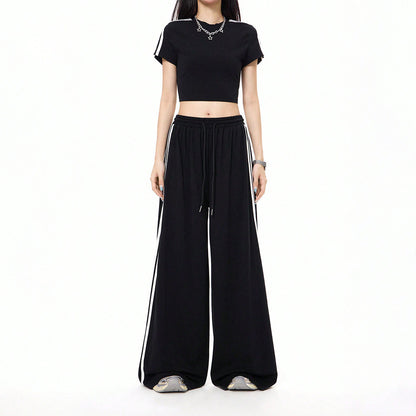 popular  New  sports style wide-leg casual pants autumn and winter contrasting colors loose and thin floor-mopping trousers