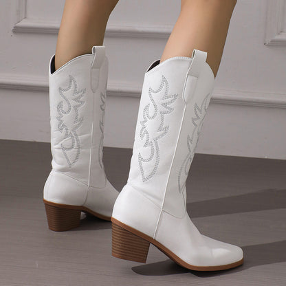 Cross-Border Foreign Trade plus Size Boots Women's Chunky Heel Pointed Toe High Leg Boot High Heel Boots White Western Denim Knight Boots