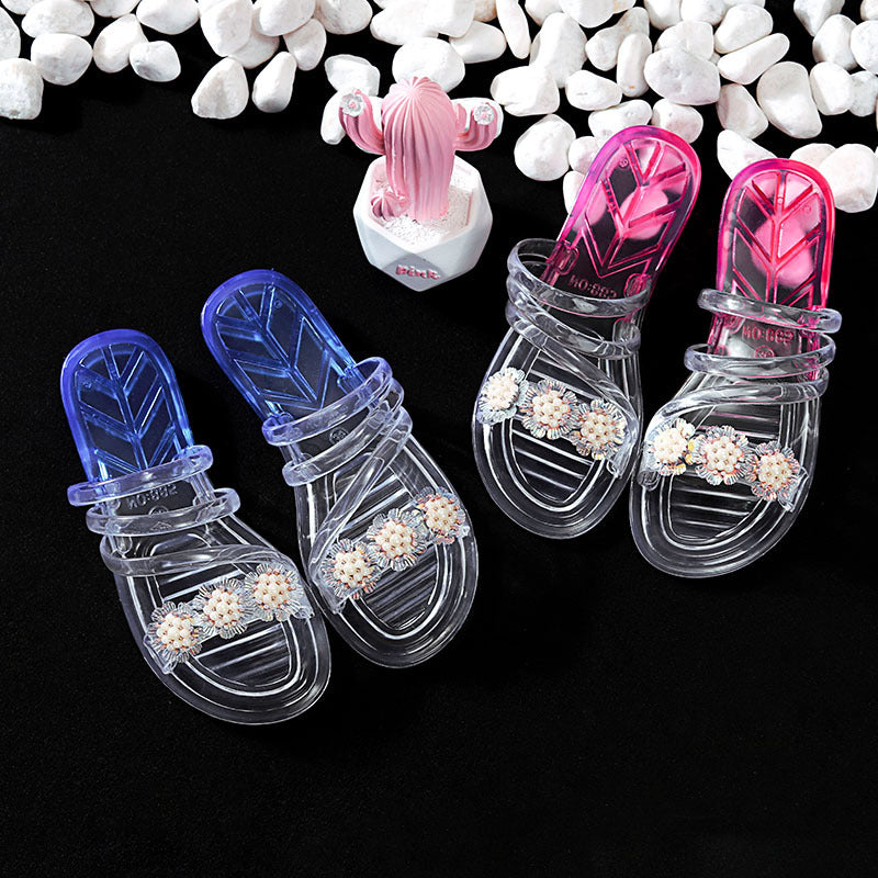 VLOVELAW Women's Single Two-Color Flower Summer Indoor Crystal Parent-Child Bath Plastic Home Bathroom Slippers for Children