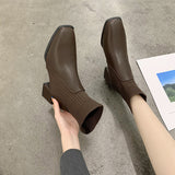 New Autumn and Winter Women's Shoes Internet Celebrity Chunky Heel Square Toe Martin Boots Women's Korean-Style Mid-Calf Knitted Stretch Wool Boots