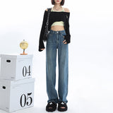 Retro Blue Narrow Wide-Leg Jeans for Women 2024 Summer New Small High Waist Drooping Baggy Straight Trousers