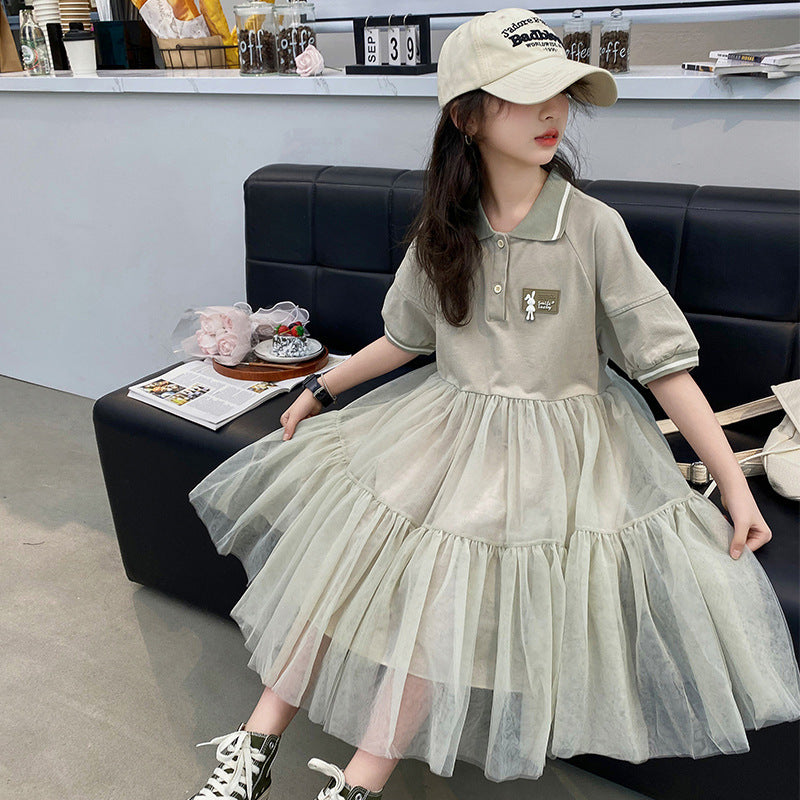 VLOVELAW Girls' Summer Dress Children's Polo Collar Short-Sleeved Dress Girls' Summer High-End Tulle Skirt Summer Princess Dress