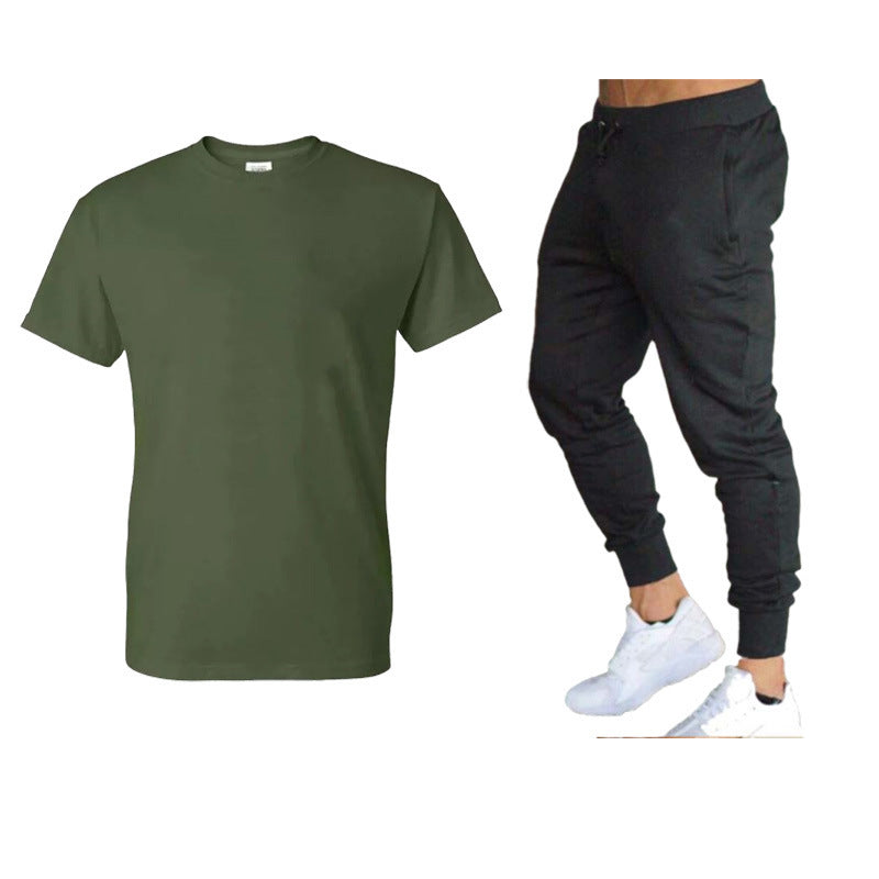 VLOVELAW  Summer Men's Solid Color Simple Set Crew Neck Cotton T-Shirt + Trousers Fashion Hundred. Match Two-piece Set