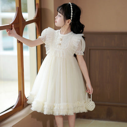 Girls' Dress Summer New Baby Puff Sleeve Lace Princess Dress Children's Performance Dress Puff Gauze Skirt