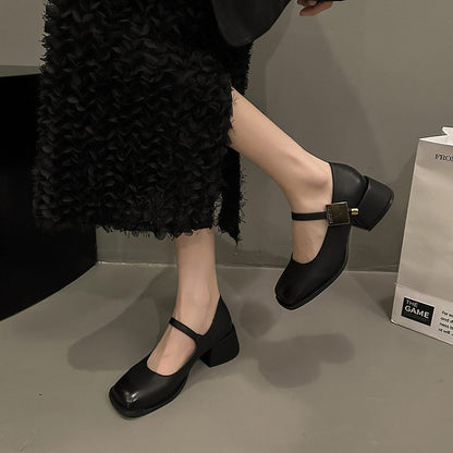 With Skirt High Heel Pumps Low Mouth Autumn and Winter Korean Style Women's Shoes  Retro Black Mary Jane Shoes Small Leather Shoes