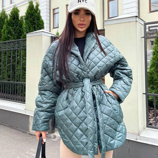 2023 European and American winter clothing ins slim-fitting straps lapel long-sleeved plaid long personalized cotton-padded jacket women's winter top