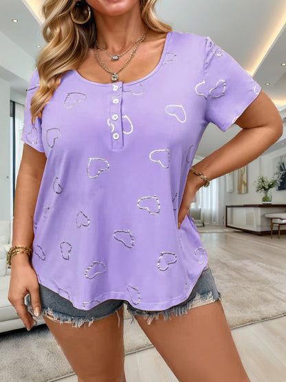 VLOVELAW European and American Temu Cross-Border Wish Foreign Trade Women's Clothing round Neck Button Heart Printing Women's Short Sleeve Loose T-shirt