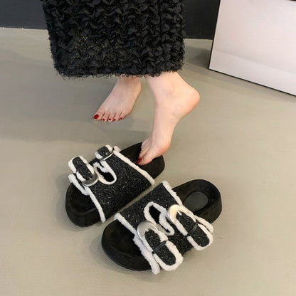 Thick-soled fluffy shoes for women to wear outside popular new autumn and winter gentle fairy buckles to increase the height of one pedal and cotton slippers