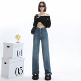 Retro Blue Narrow Wide-Leg Jeans for Women 2024 Summer New Small High Waist Drooping Baggy Straight Trousers