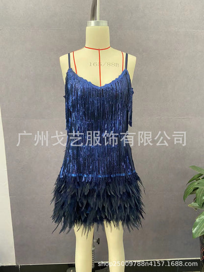 XIEYINSHE Gy2186 Fashion Tassel Sequins Feather Stitching Dress Dress  in Stock