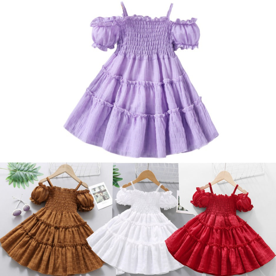 VLOVELAW Foreign Trade Children's Wear Western Style Girl Dress Summer New Girl Puff Sleeve Spaghetti Straps Chest Wrap Ruffled Princess Dress