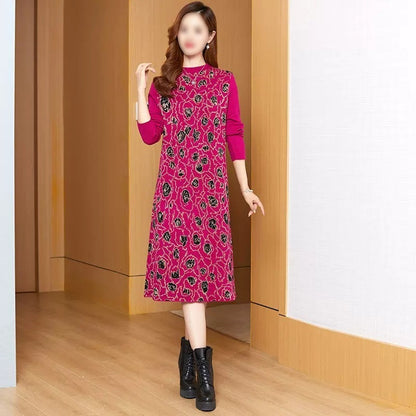 VLOVELAW Long-sleeved knitted dress for women's autumn and winter new middle-aged mother, 2025 style loose straight tube with coat sweater skirt