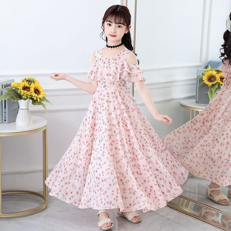 VLOVELAW Children's Dress Girls' Summer Floral Dress  New Medium and Big Children's Western Style Super Fairy Chiffon Princess Dress for Women