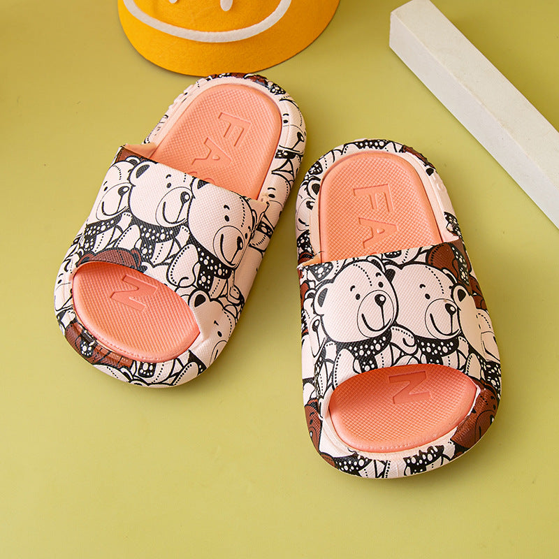 VLOVELAW Children's Printed Cartoon Big Bear Slippers Female Parent-Child Big Children Medium and Small Children Outer Wear Home Non-Slip Parent-Child Sandals