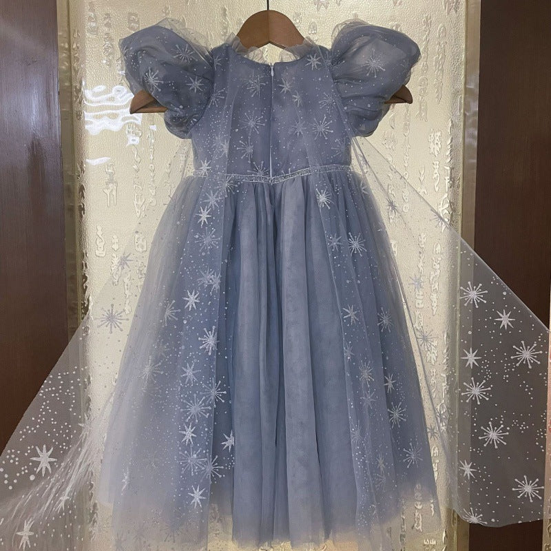 VLOVELAW Frozen Princess Elsa Elsa Puff Sleeve Gauze Dress Spring and Summer Girls' Princess Dress Dress Birthday Cloak Gift