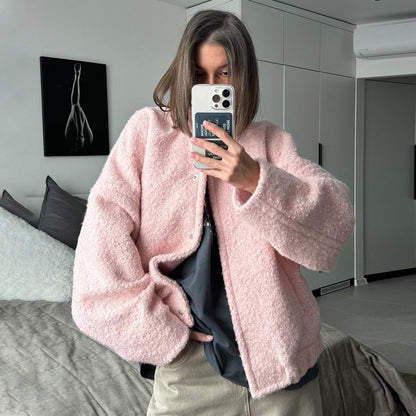 KKBOXLY Cross-border pink jacket 2025 New winter new temperament casual stand-up collar shoulder sleeves short fluffy jacket