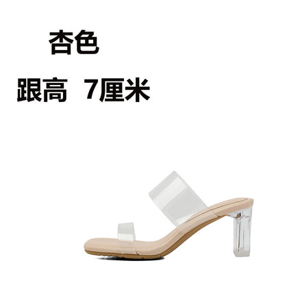 Sheepskin Droppings Transparent High Heel Women's Sandals  New Summer Outdoor Slippers Mid Heel Chunky Heel Crystal Heel Shoes