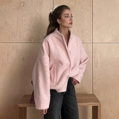 KKBOXLY Cross-border pink jacket 2025 New winter new temperament casual stand-up collar shoulder sleeves short fluffy jacket