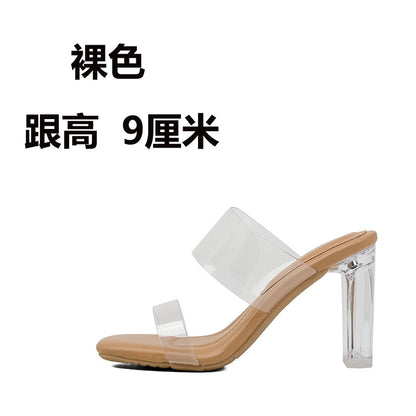 Sheepskin Droppings Transparent High Heel Women's Sandals  New Summer Outdoor Slippers Mid Heel Chunky Heel Crystal Heel Shoes