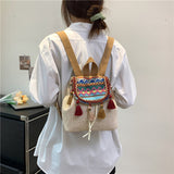 Ethnic Style Cross-Border Backpack for Women  New Wholesale Weave Vintage Bag Fashion Color Contrast Casual Travel Bag