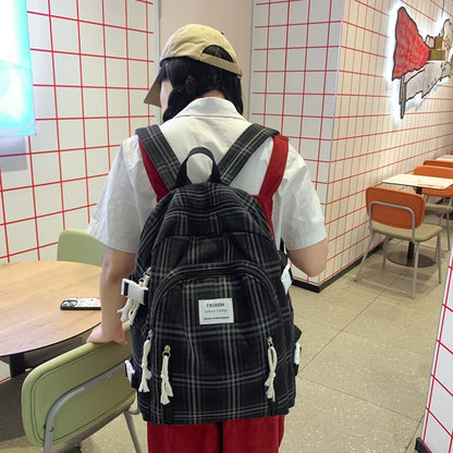 Japanese Ins Style Artistic Backpack Fresh Plaid Schoolbag High School Student Campus Backpack Good-looking Double Back