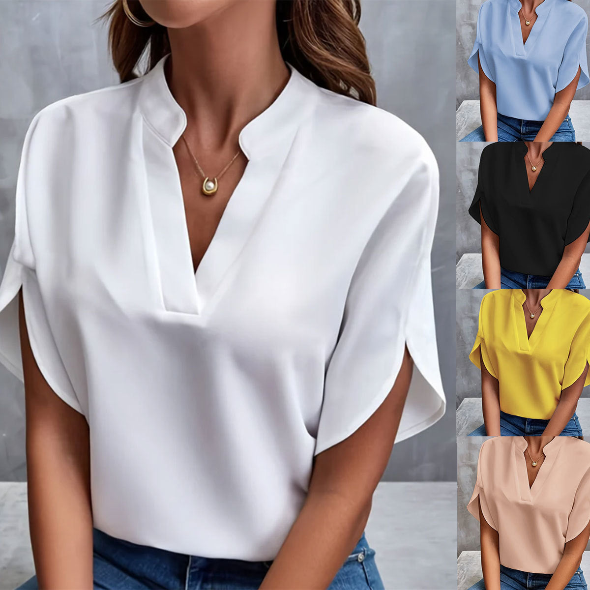 VLOVELAW Foreign Trade  Summer New V-neck Shirt Women's Pure Color Casual Versatile European and American Short Sleeve Pullover Shirt